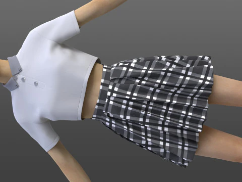 Plaid Pleated Mini Skirt Cropped Polo Shirt School Uniform - 3D Clothing Model 3D Model