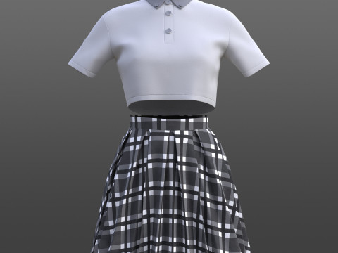 Plaid Pleated Mini Skirt Cropped Polo Shirt School Uniform - 3D Clothing Model 3D Model