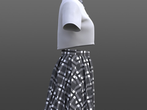 Plaid Pleated Mini Skirt Cropped Polo Shirt School Uniform - 3D Clothing Model 3D Model