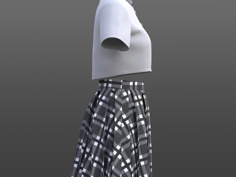 Plaid Pleated Mini Skirt Cropped Polo Shirt School Uniform - 3D Clothing Model 3D Model