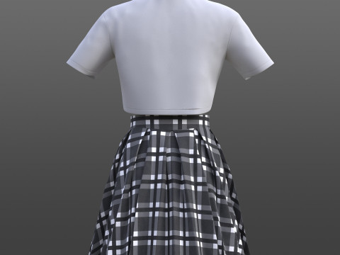 Plaid Pleated Mini Skirt Cropped Polo Shirt School Uniform - 3D Clothing Model 3D Model
