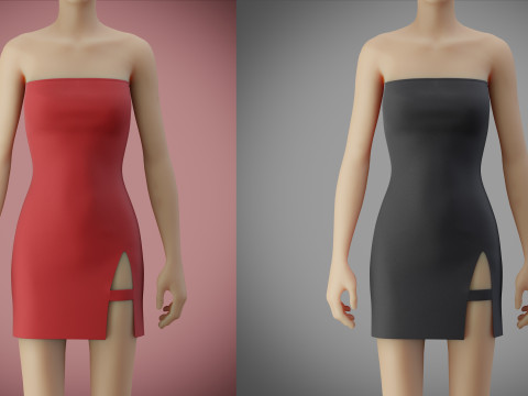 Yan Yırtma&ccedil;lı Straplez T&uuml;p Bodycon Elbise Bedene oturan Kısa Elbise 3D Model