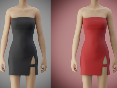Strapless Tube Bodycon Dress with Side Slit Fitted Short Dress 3D Model