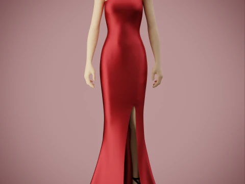 Asymmetric One-Shoulder Satin Gown Formal Dress 3D Model