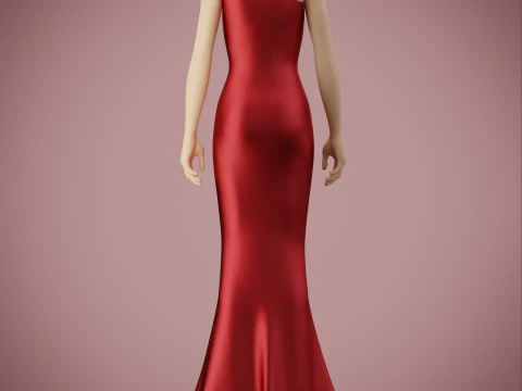 Asymmetric One-Shoulder Satin Gown Formal Dress 3D Model