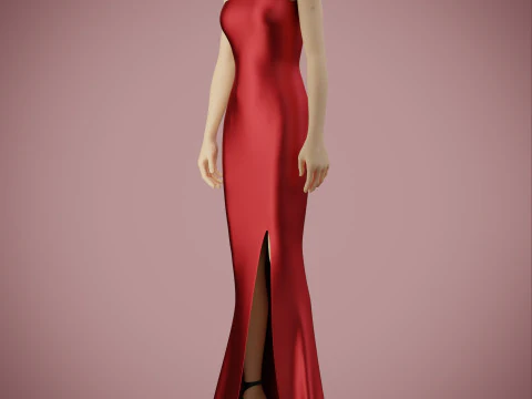 Asymmetric One-Shoulder Satin Gown Formal Dress 3D Model