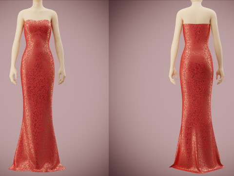 Elegant Sequin Silk Evening Gown Sleeveless Tube Formal Dress 3D Model