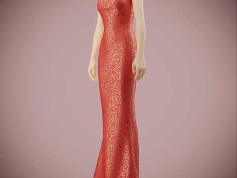 Elegant Sequin Silk Evening Gown Sleeveless Tube Formal Dress 3D Model