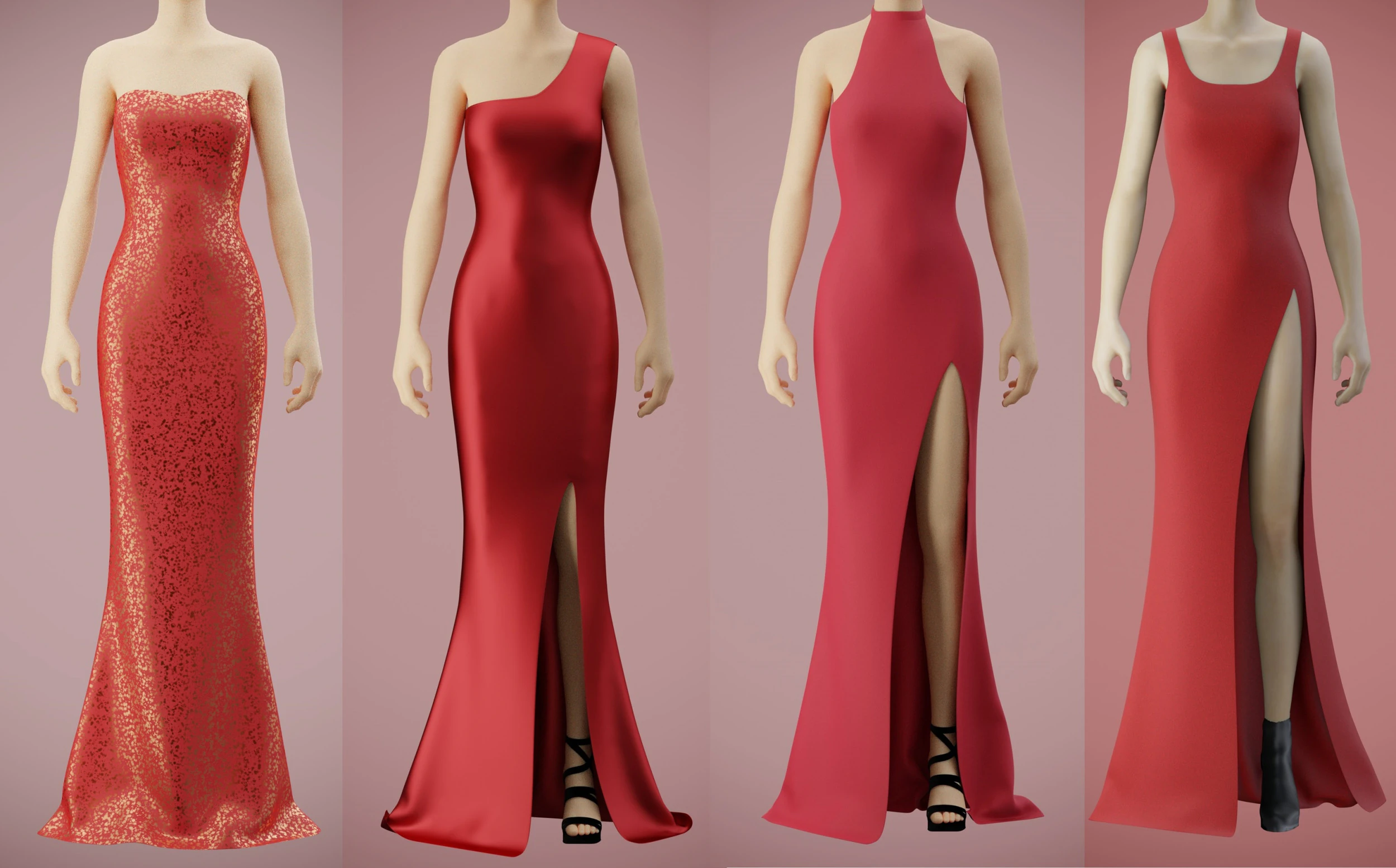 Red Gown Collection Pack Elegant Dresses Formal Wear Fashion Apparel 3D Model .c4d .max .obj .3ds .fbx .stl .blend 