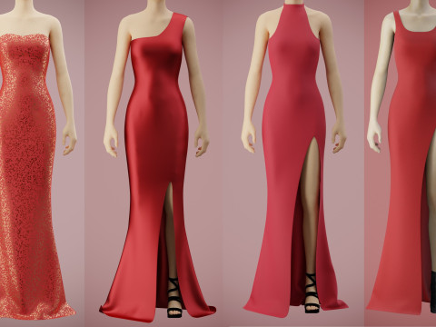 Red Gown Collection Pack Elegant Dresses Formal Wear Fashion Apparel 3D Model