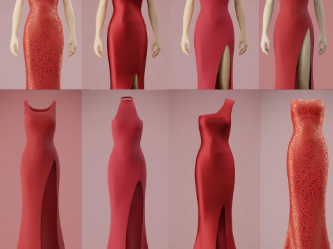 Red Gown Collection Pack Elegant Dresses Formal Wear Fashion Apparel 3D Model