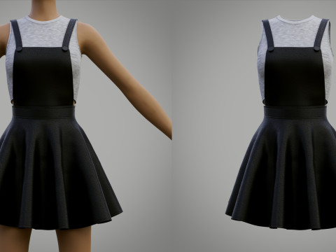 Leren damesschaatsjurk - Dungaree Skaterrok Crop Top 3D-kleding 3D Model