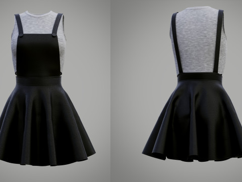 Womens Leather Skater Dress - Dungaree Skater Skirt Crop Top 3D Clothing 3D Model