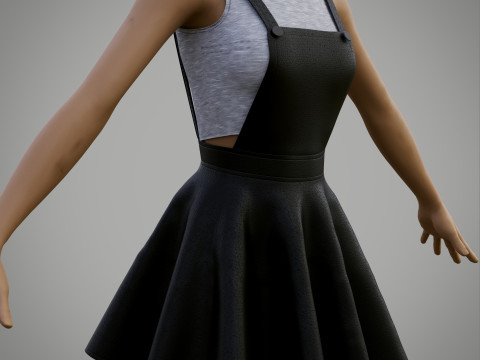 Womens Leather Skater Dress - Dungaree Skater Skirt Crop Top 3D Clothing 3D Model