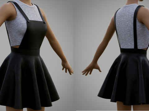 Womens Leather Skater Dress - Dungaree Skater Skirt Crop Top 3D Clothing 3D Model