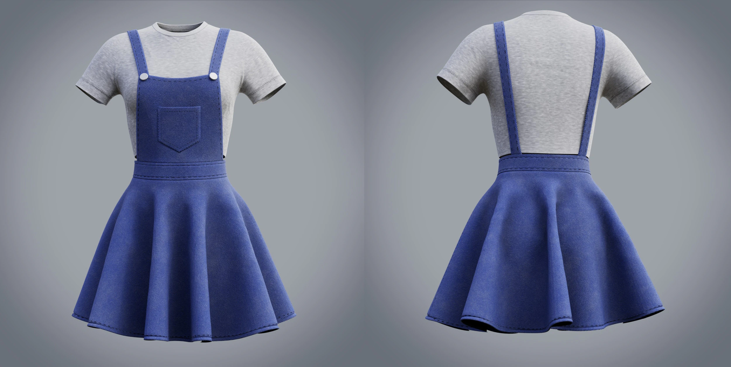 Womens Denim Skater Dress Dungaree Dress Crop Top 3D Clothing 3D Model .c4d .max .obj .3ds .fbx .stl .blend 