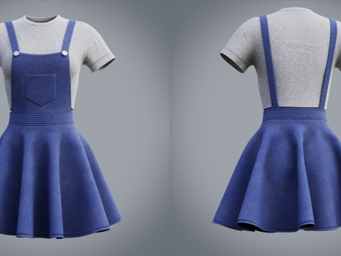 Womens Denim Skater Dress Dungaree Dress Crop Top 3D Clothing 3D Model