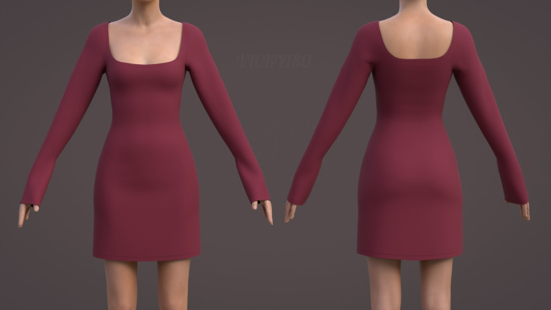 Square Neck Long Sleeve Bodycon Mini Dress 3D Clothing Model 3D Model .c4d .max .obj .3ds .fbx .stl .blend 