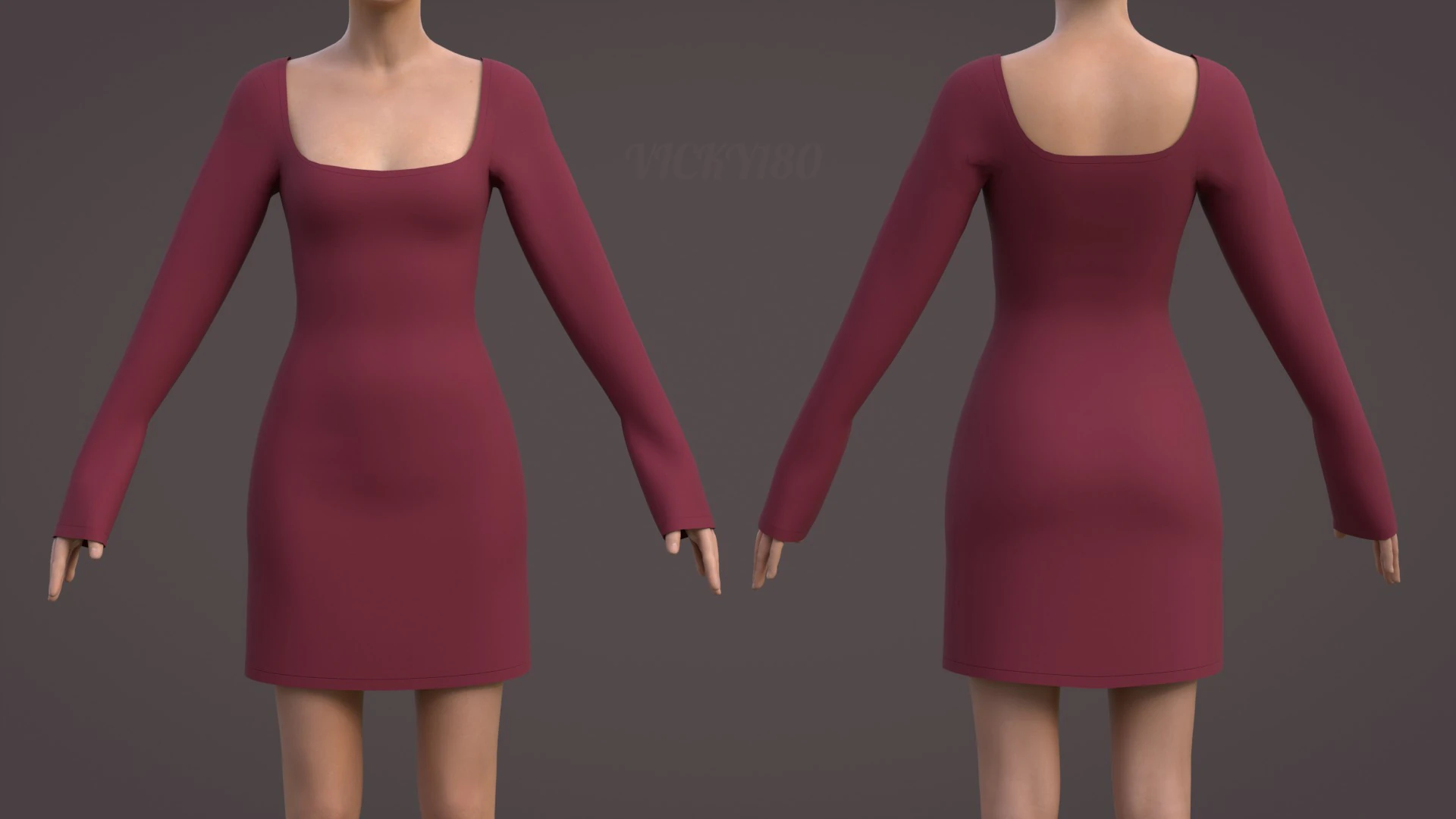 Square Neck Long Sleeve Bodycon Mini Dress 3D Clothing Model 3D Model .c4d .max .obj .3ds .fbx .stl .blend 