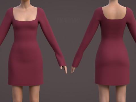 스퀘어 넥 긴 소매 Bodycon 미니 드레스 3D 의류 모델 3D 모델