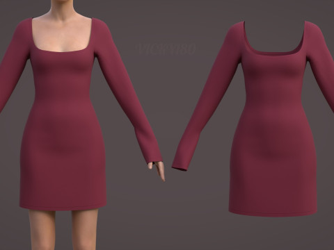 Square Neck Long Sleeve Bodycon Mini Dress 3D Clothing Model 3D Model