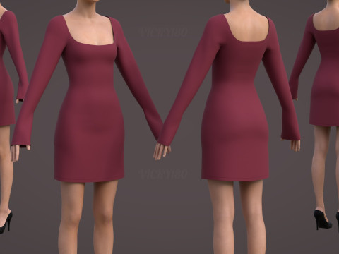 Square Neck Long Sleeve Bodycon Mini Dress 3D Clothing Model 3D Model