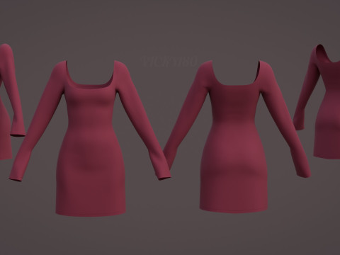 Square Neck Long Sleeve Bodycon Mini Dress 3D Clothing Model 3D Model