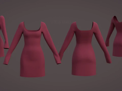 Square Neck Long Sleeve Bodycon Mini Dress 3D Clothing Model 3D Model