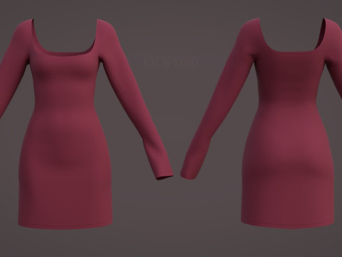 Square Neck Long Sleeve Bodycon Mini Dress 3D Clothing Model 3D Model