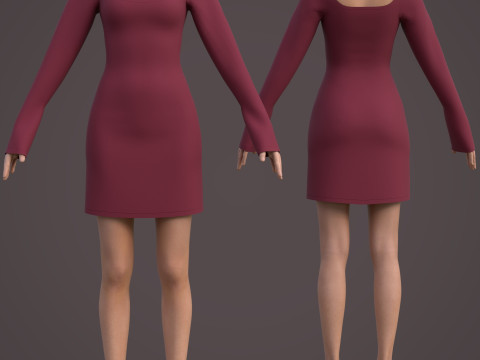 Square Neck Long Sleeve Bodycon Mini Dress 3D Clothing Model 3D Model