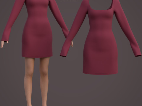 Square Neck Long Sleeve Bodycon Mini Dress 3D Clothing Model 3D Model