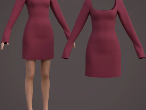 Square Neck Long Sleeve Bodycon Mini Dress 3D Clothing Model 3D Model