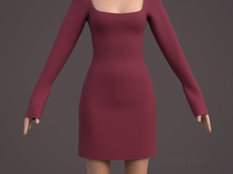 Square Neck Long Sleeve Bodycon Mini Dress 3D Clothing Model 3D Model
