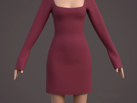 Square Neck Long Sleeve Bodycon Mini Dress 3D Clothing Model 3D Model