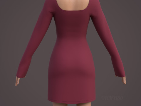 Square Neck Long Sleeve Bodycon Mini Dress 3D Clothing Model 3D Model