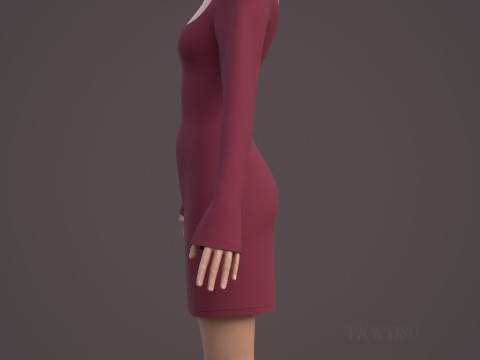 Square Neck Long Sleeve Bodycon Mini Dress 3D Clothing Model 3D Model