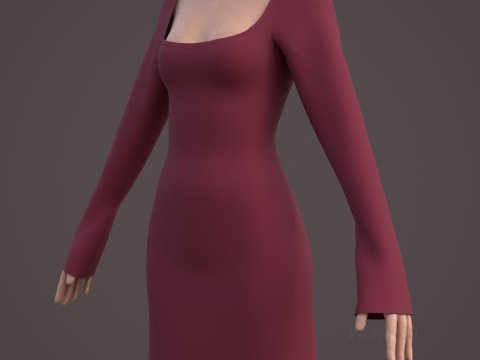 Square Neck Long Sleeve Bodycon Mini Dress 3D Clothing Model 3D Model