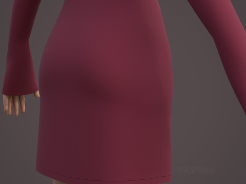 Square Neck Long Sleeve Bodycon Mini Dress 3D Clothing Model 3D Model