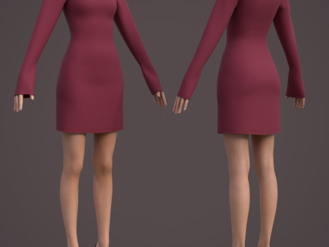 Square Neck Long Sleeve Bodycon Mini Dress 3D Clothing Model 3D Model