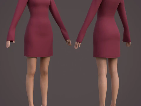 Square Neck Long Sleeve Bodycon Mini Dress 3D Clothing Model 3D Model
