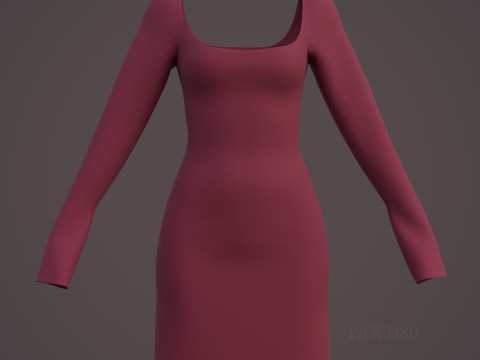 Square Neck Long Sleeve Bodycon Mini Dress 3D Clothing Model 3D Model
