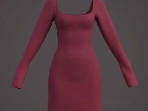 Square Neck Long Sleeve Bodycon Mini Dress 3D Clothing Model 3D Model