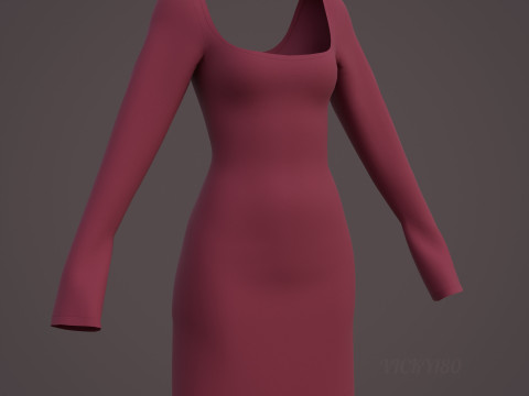 Square Neck Long Sleeve Bodycon Mini Dress 3D Clothing Model 3D Model