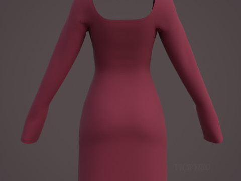 Square Neck Long Sleeve Bodycon Mini Dress 3D Clothing Model 3D Model