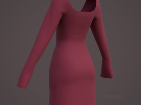 Square Neck Long Sleeve Bodycon Mini Dress 3D Clothing Model 3D Model
