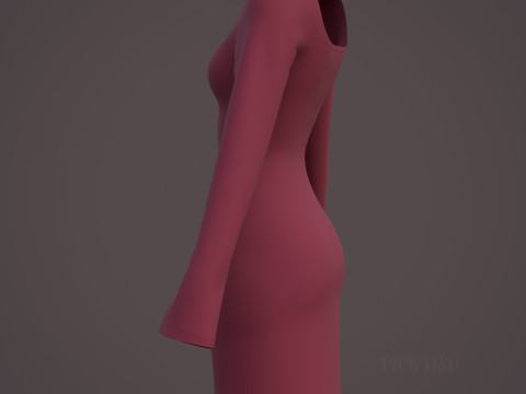 Square Neck Long Sleeve Bodycon Mini Dress 3D Clothing Model 3D Model