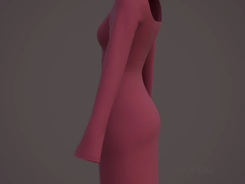 Square Neck Long Sleeve Bodycon Mini Dress 3D Clothing Model 3D Model