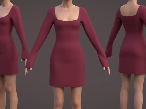 Square Neck Long Sleeve Bodycon Mini Dress 3D Clothing Model 3D Model