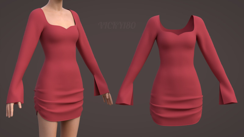 Sweetheart Neck Ruched Bodycon Mini Dress - Valentines dress 3D Model .c4d .max .obj .3ds .fbx .stl .blend