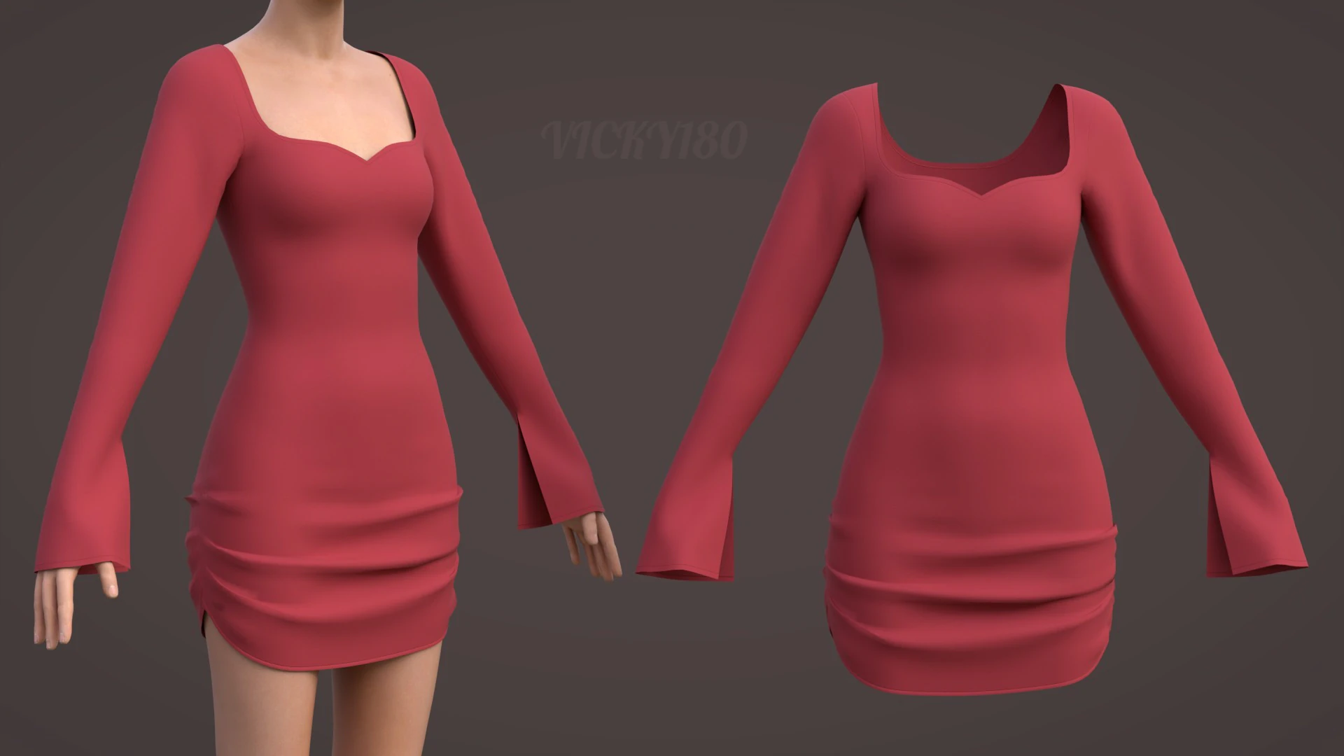 Sweetheart Neck Ruched Bodycon Mini Dress - Valentines dress 3D Model .c4d .max .obj .3ds .fbx .stl .blend 